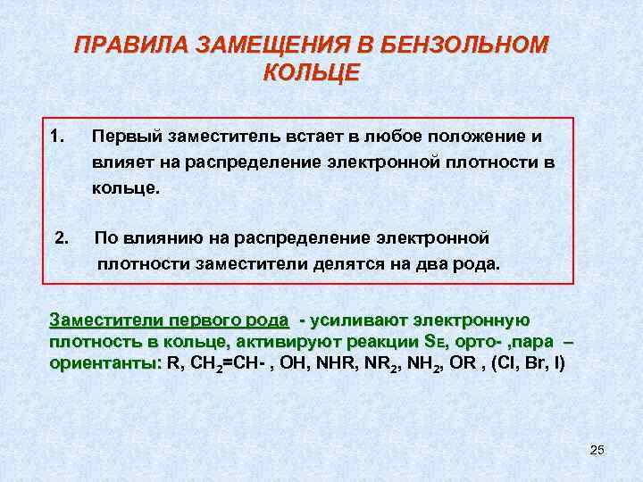 ПРАВИЛА ЗАМЕЩЕНИЯ В БЕНЗОЛЬНОМ КОЛЬЦЕ 1. Первый заместитель встает в любое положение и влияет