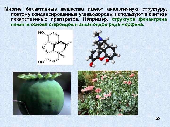 Многие биоактивные вещества имеют аналогичную структуру, поэтому конденсированные углеводороды используют в синтезе лекарственных препаратов.