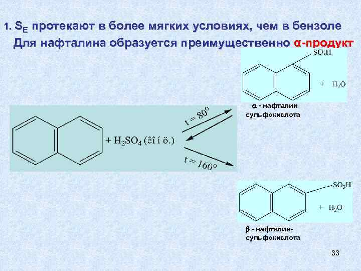 1. SЕ протекают в более мягких условиях, чем в бензоле Для нафталина образуется преимущественно