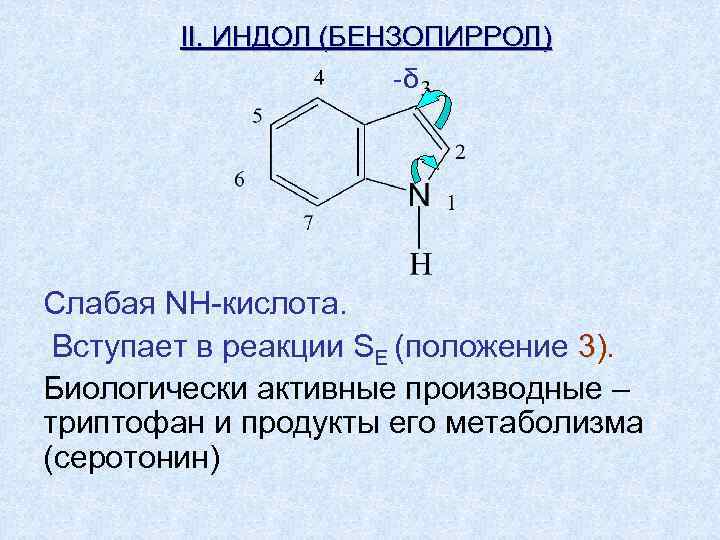 II. ИНДОЛ (БЕНЗОПИРРОЛ) -δ Слабая NH-кислота. Вступает в реакции SE (положение 3). Биологически активные