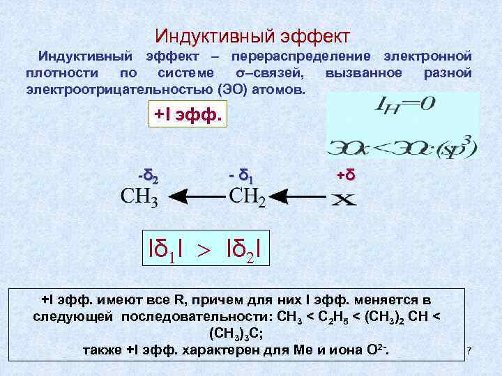 Индуктивный эффект – перераспределение электронной плотности по системе σ–связей, вызванное разной электроотрицательностью (ЭО) атомов.