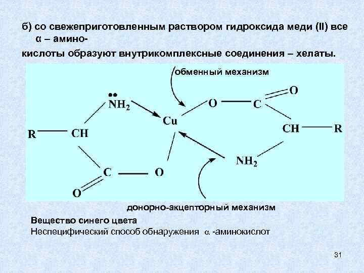 б) со свежеприготовленным раствором гидроксида меди (II) все α – аминокислоты образуют внутрикомплексные соединения