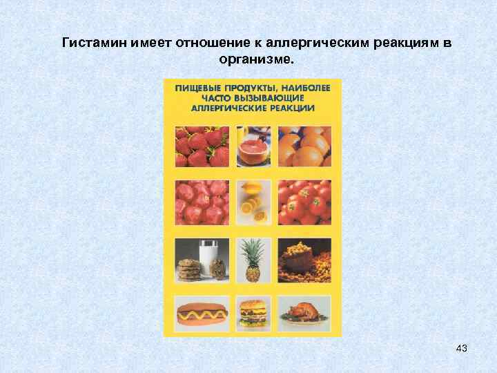 Гистамин имеет отношение к аллергическим реакциям в организме. 43 