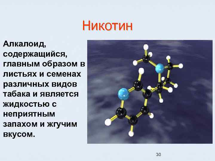 Никотин Алкалоид, содержащийся, главным образом в листьях и семенах различных видов табака и является