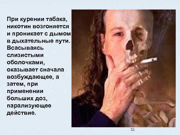 При курении табака, никотин возгоняется и проникает с дымом в дыхательные пути. Всасываясь слизистыми
