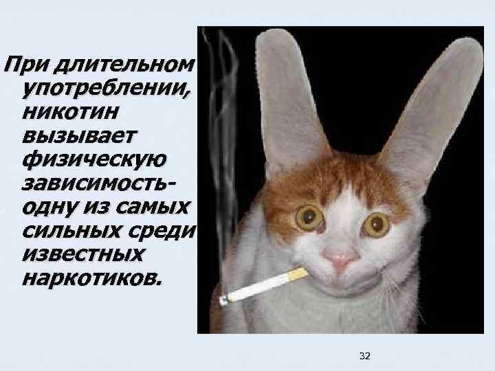 При длительном употреблении, никотин вызывает физическую зависимостьодну из самых сильных среди известных наркотиков. 32