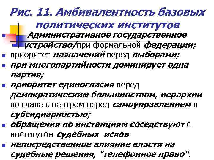 Рис. 11. Амбивалентность базовых политических институтов n n n Административное государственное устройство/при формальной федерации;