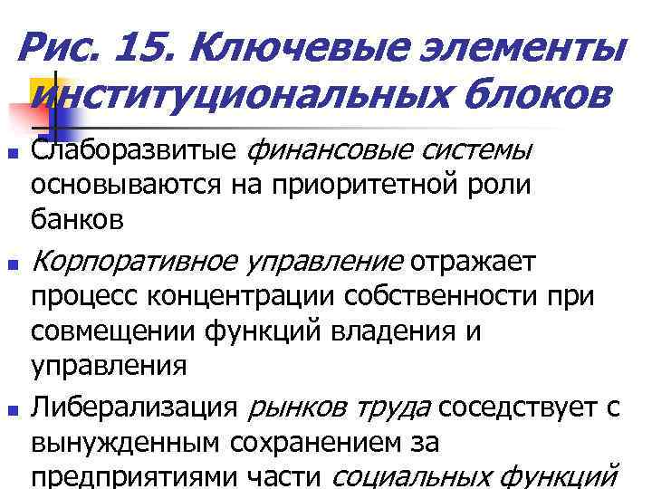 Рис. 15. Ключевые элементы институциональных блоков n n n Слаборазвитые финансовые системы основываются на