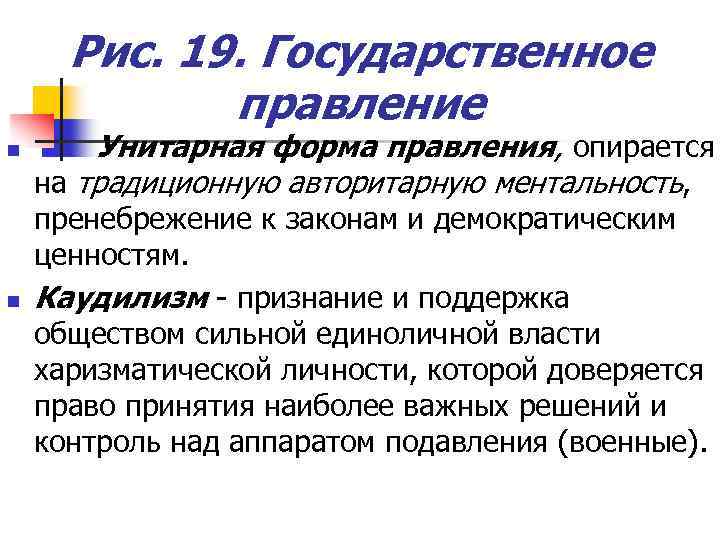 Рис. 19. Государственное правление n n Унитарная форма правления, опирается на традиционную авторитарную ментальность,