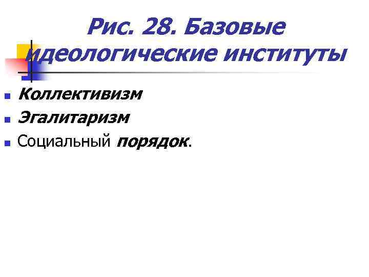 Рис. 28. Базовые идеологические институты n n n Коллективизм Эгалитаризм Социальный порядок. 