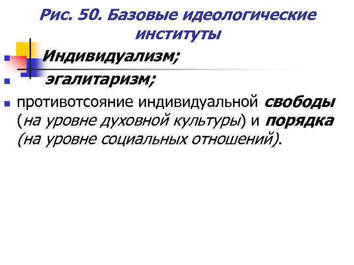 n n n Рис. 50. Базовые идеологические институты Индивидуализм; эгалитаризм; противотсояние индивидуальной свободы (на