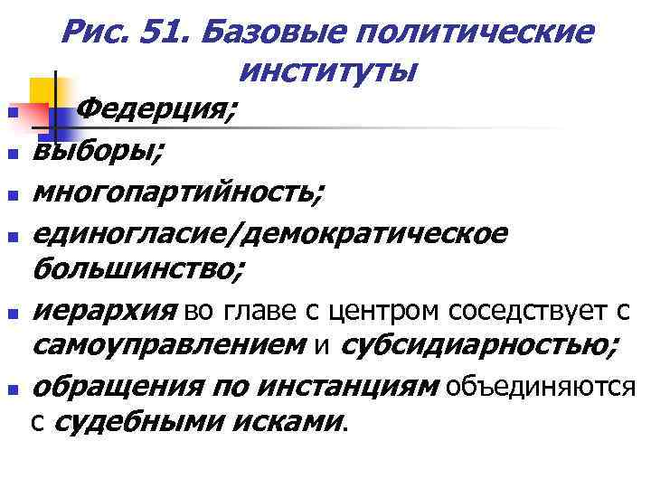 Рис. 51. Базовые политические институты n n n Федерция; выборы; многопартийность; единогласие/демократическое большинство; иерархия