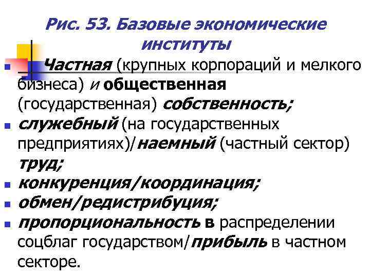 n n n Рис. 53. Базовые экономические институты Частная (крупных корпораций и мелкого бизнеса)