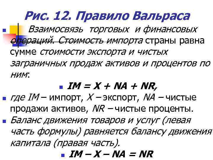 Рис. 12. Правило Вальраса n n n Взаимосвязь торговых и финансовых операций. Стоимость импорта