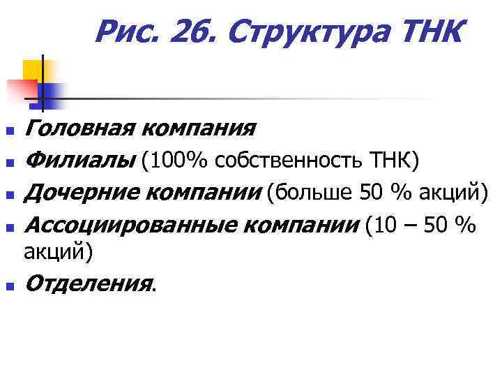 Рис. 26. Структура ТНК n n Головная компания Филиалы (100% собственность ТНК) Дочерние компании