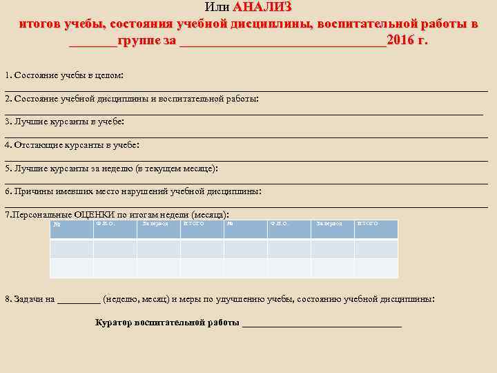 Или АНАЛИЗ итогов учебы, состояния учебной дисциплины, воспитательной работы в _______группе за _______________2016 г.