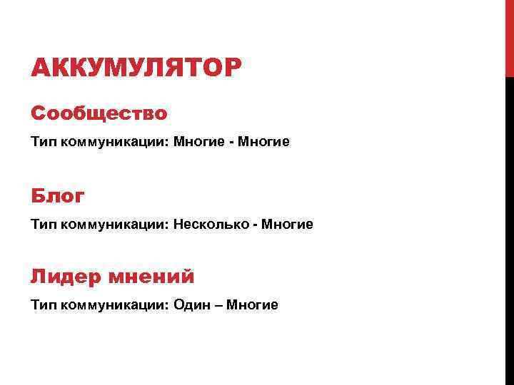 АККУМУЛЯТОР Сообщество Тип коммуникации: Многие - Многие Блог Тип коммуникации: Несколько - Многие Лидер
