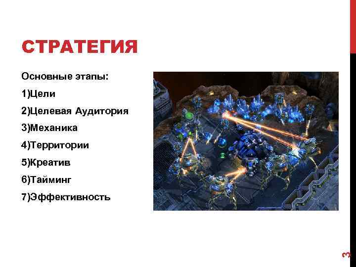 СТРАТЕГИЯ Основные этапы: 1)Цели 2)Целевая Аудитория 3)Механика 4)Территории 5)Креатив 6)Тайминг 3 7)Эффективность 