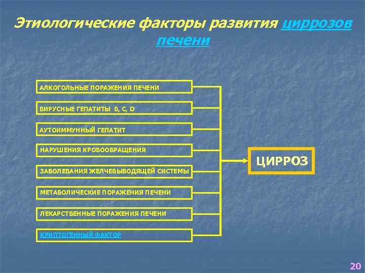 Этиологические факторы развития циррозов печени АЛКОГОЛЬНЫЕ ПОРАЖЕНИЯ ПЕЧЕНИ ВИРУСНЫЕ ГЕПАТИТЫ B, C, D АУТОИММУННЫЙ