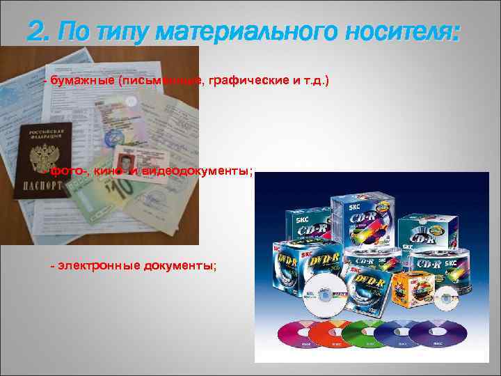 2. По типу материального носителя: - бумажные (письменные, графические и т. д. ) -