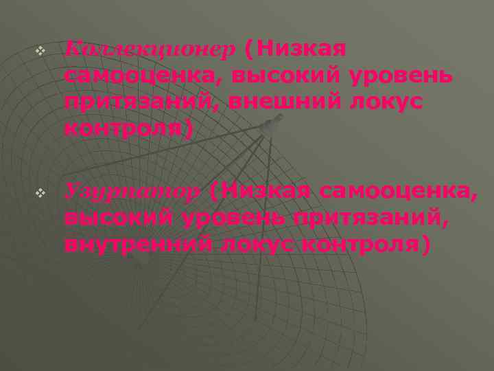 v v Коллекционер (Низкая самооценка, высокий уровень притязаний, внешний локус контроля) Узурпатор (Низкая самооценка,