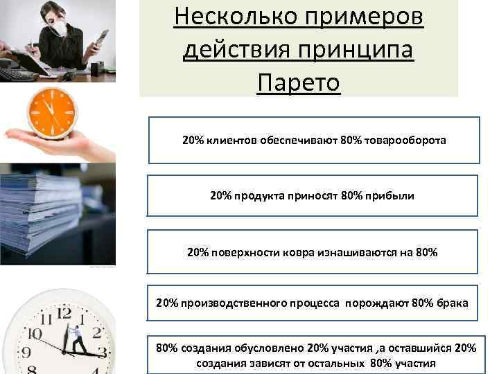 Несколько примеров действия принципа Парето 20% клиентов обеспечивают 80% товарооборота 20% продукта приносят 80%