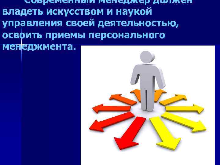 Современный менеджер должен владеть искусством и наукой управления своей деятельностью, освоить приемы персонального менеджмента.