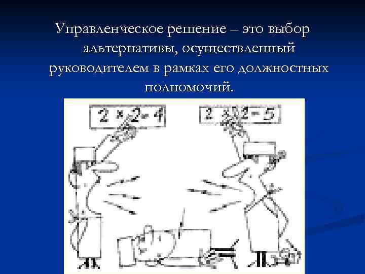 Управленческое решение – это выбор альтернативы, осуществленный руководителем в рамках его должностных полномочий. 