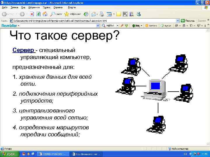 Что такое сервер? Сервер - специальный управляющий компьютер, предназначенный для: 1. хранения данных для