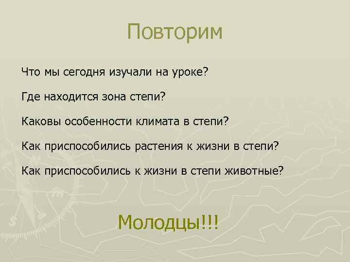Повторим Что мы сегодня изучали на уроке? Где находится зона степи? Каковы особенности климата