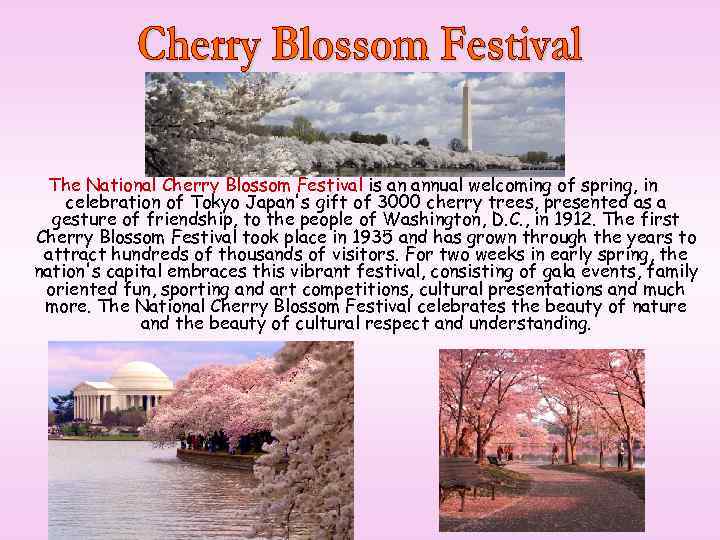 The National Cherry Blossom Festival is an annual welcoming of spring, in celebration of