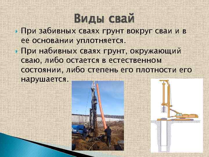Виды свай При забивных сваях грунт вокруг сваи и в ее основании уплотняется. При