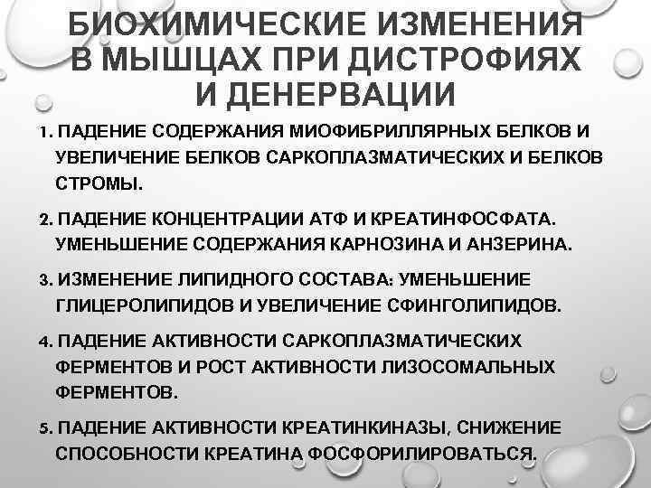 БИОХИМИЧЕСКИЕ ИЗМЕНЕНИЯ В МЫШЦАХ ПРИ ДИСТРОФИЯХ И ДЕНЕРВАЦИИ 1. ПАДЕНИЕ СОДЕРЖАНИЯ МИОФИБРИЛЛЯРНЫХ БЕЛКОВ И