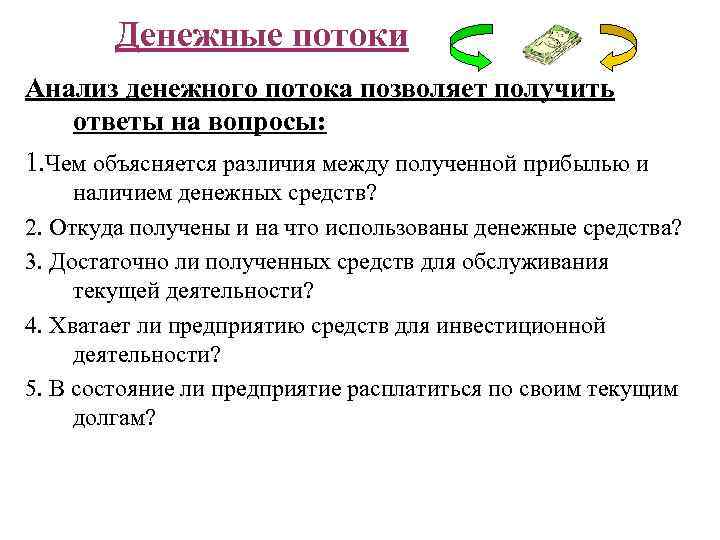 Денежные потоки Анализ денежного потока позволяет получить ответы на вопросы: 1. Чем объясняется различия