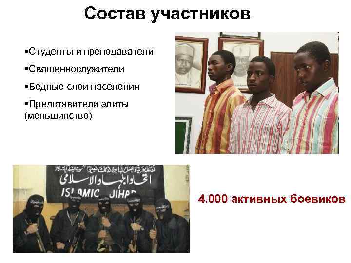 Состав участников §Студенты и преподаватели §Священнослужители §Бедные слои населения §Представители элиты (меньшинство) 4. 000