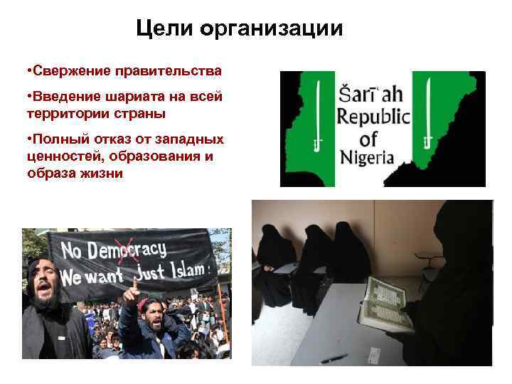 Цели организации • Свержение правительства • Введение шариата на всей территории страны • Полный