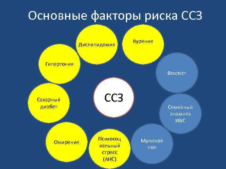  Основные факторы риска ССЗ Дислипидемия Курение Гипертония Возраст Сахарный диабет Ожирение ССЗ Психосоц
