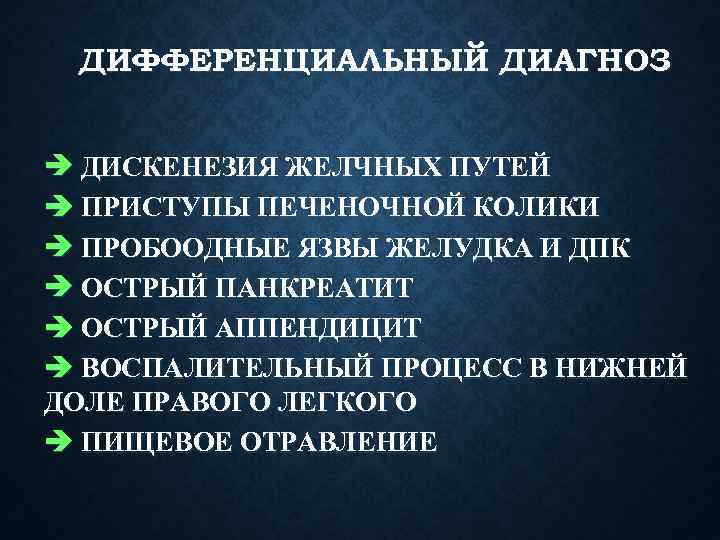 ДИФФЕРЕНЦИАЛЬНЫЙ ДИАГНОЗ ДИСКЕНЕЗИЯ ЖЕЛЧНЫХ ПУТЕЙ ПРИСТУПЫ ПЕЧЕНОЧНОЙ КОЛИКИ ПРОБООДНЫЕ ЯЗВЫ ЖЕЛУДКА И ДПК ОСТРЫЙ