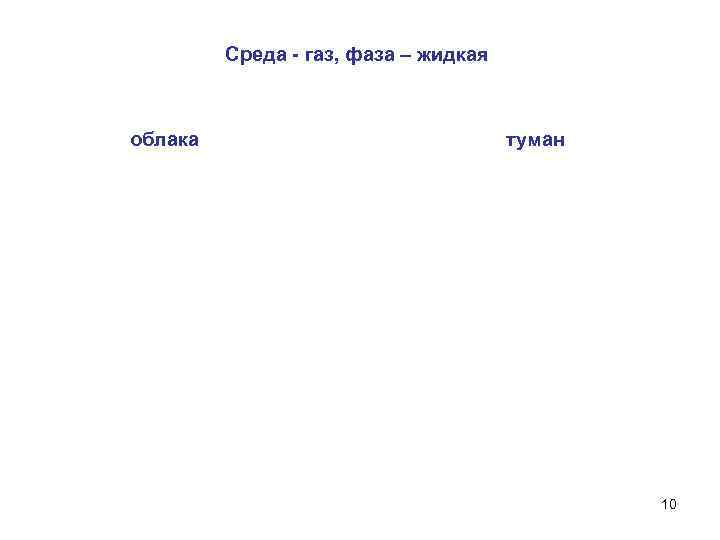 Среда - газ, фаза – жидкая облака туман 10 