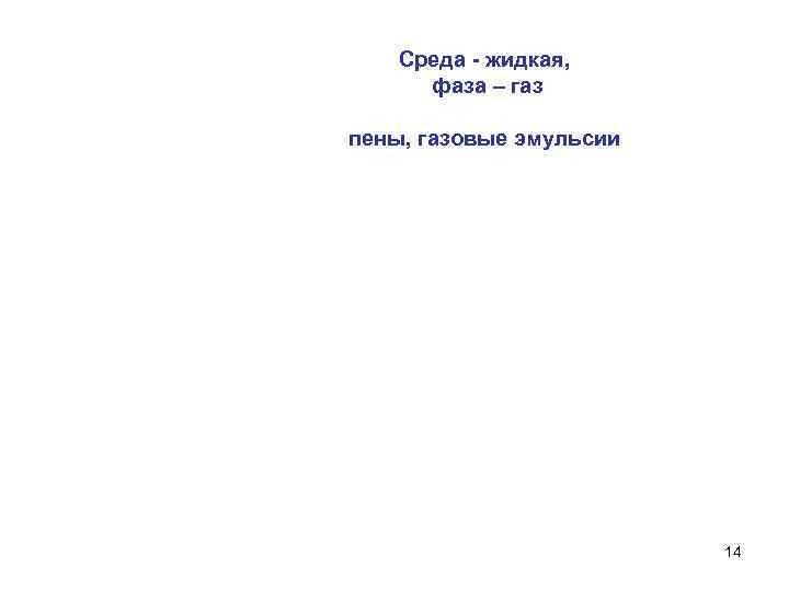 Среда - жидкая, фаза – газ пены, газовые эмульсии 14 