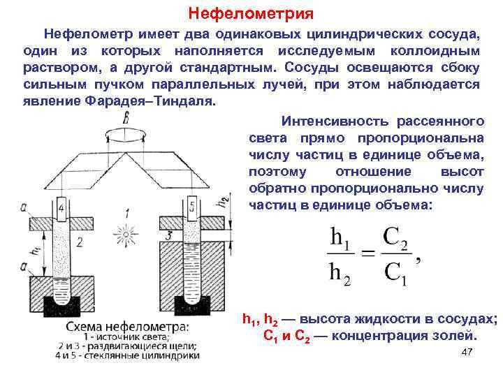 Нефелометрия Нефелометр имеет два одинаковых цилиндрических сосуда, один из которых наполняется исследуемым коллоидным раствором,