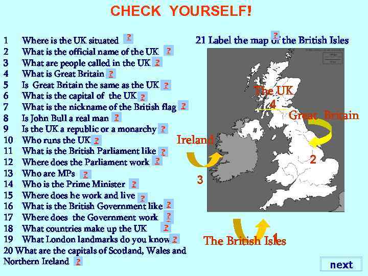 СHECK YOURSELF! ? 21 Label the map of the British Isles 1 Where is