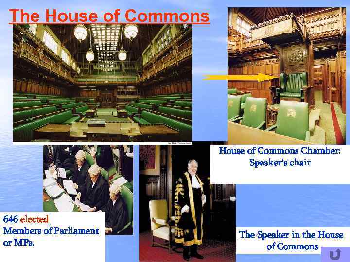 The House of Commons Chamber: Speaker's chair 646 elected Members of Parliament or MPs.