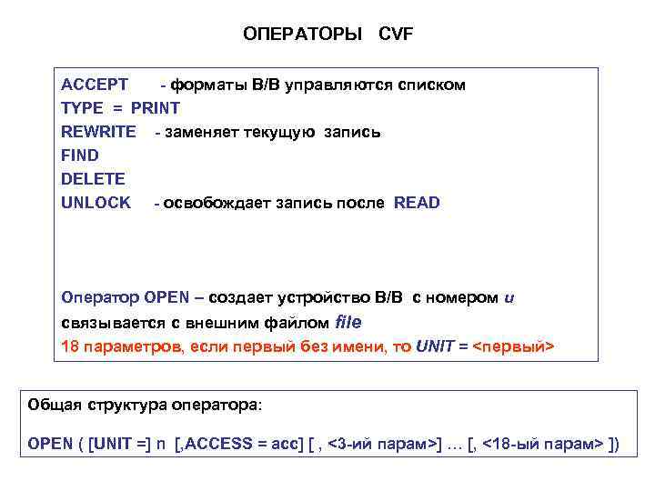 ОПЕРАТОРЫ CVF ACCEPT - форматы B/B управляются списком TYPE = PRINT REWRITE - заменяет