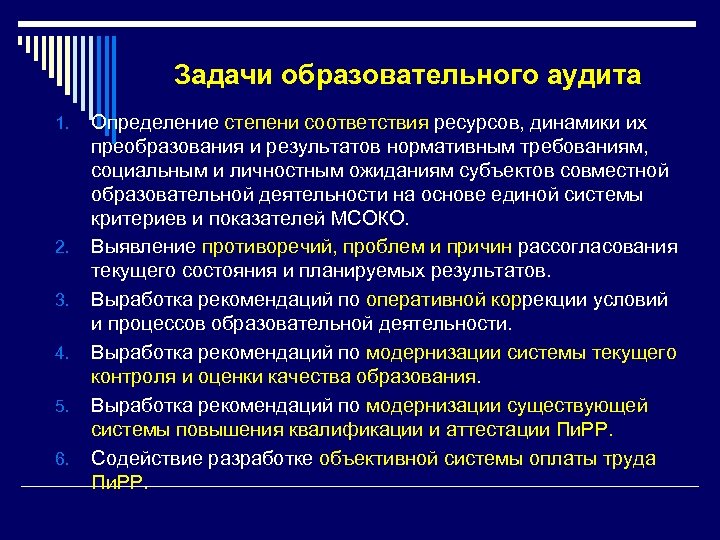 Задачи образовательного аудита 1. 2. 3. 4. 5. 6. Определение степени соответствия ресурсов, динамики