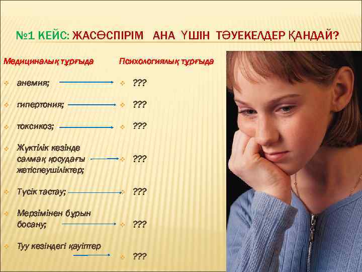 № 1 КЕЙС: ЖАСӨСПІРІМ АНА ҮШІН ТӘУЕКЕЛДЕР ҚАНДАЙ? Медициналық тұрғыда Психологиялық тұрғыда v анемия;