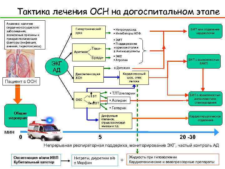 Тактика лечения ОСН на догоспитальном этапе Анамнез: наличие сердечно-сосудистого заболевания, возможные причины и предрасполагающие