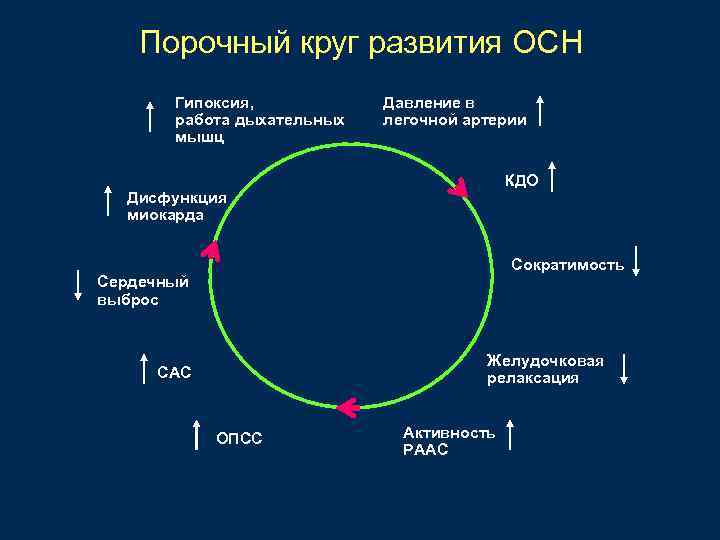 Порочный круг развития ОСН Гипоксия, работа дыхательных мышц Давление в легочной артерии КДО Дисфункция