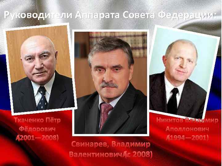 Руководители Аппарата Совета Федерации: Ткаченко Пётр Фёдорович (2001— 2008) Свинарев, Владимир Валентинович (с 2008)