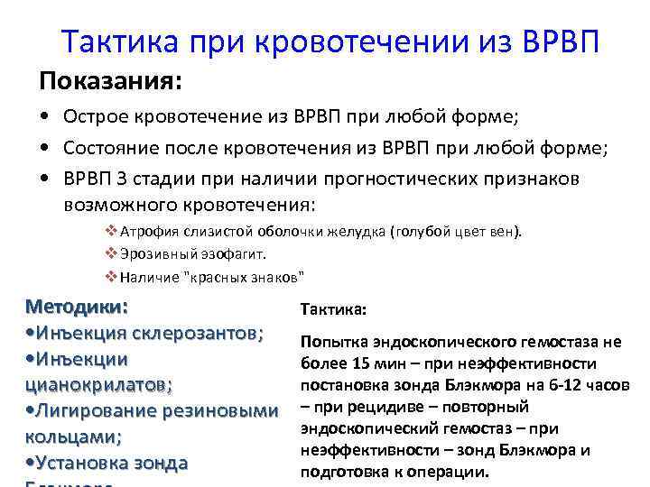 Тактика при кровотечении из ВРВП Показания: • Острое кровотечение из ВРВП при любой форме;